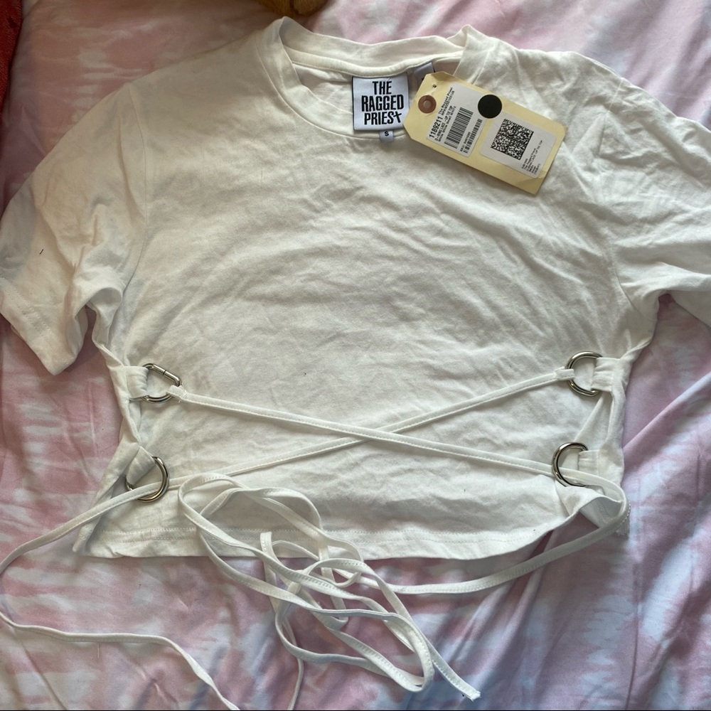 the ragged priest  d ring lace up tie top in white